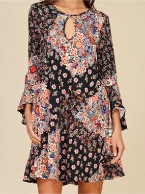 Annabelle Black Floral Mini Dress Bell Sleeves Keyhole Neck Boho Cottagecore S